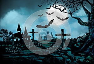 Halloween background with bat at night with dark moon on night sky, for Halloween concept, digital art style, illustration paintin