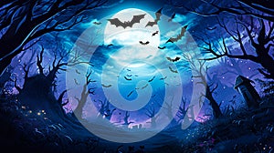 Halloween background with bats flying in the night forest, horror illustration. selective focus. Generative AI