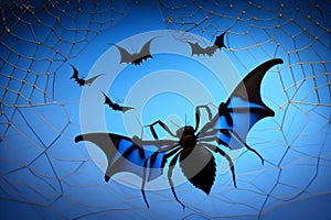 Halloween background with black bats, spider webs on blue background. Horrible background with space to copy your design