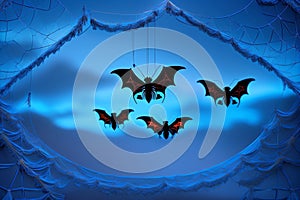 Halloween background with black bats, spider webs on blue background. Horrible background with space to copy your design