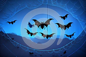 Halloween background with black bats, spider webs on blue background. Horrible background with space to copy your design