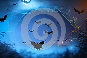 Halloween background with black bats, spider webs on blue background. Horrible background with space to copy your design