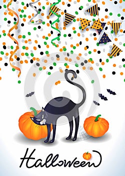 Halloween background with black cat, confetti, streamers