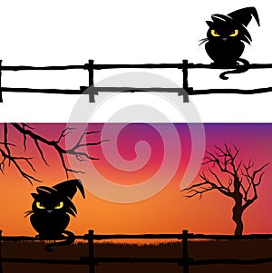 Halloween background with black cat and fence