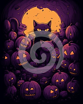 Halloween background with black cat and pumpkins