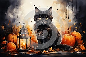 Halloween background with black cat, pumpkins and lantern. Watercolor ilustration