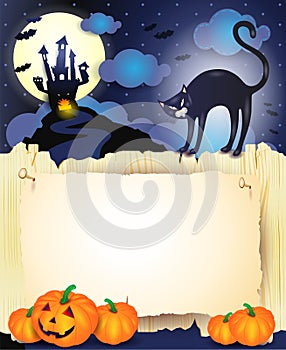 Halloween background with black cat, pumpkins and old paper