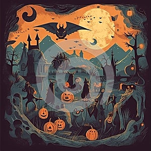 Halloween background, black gloomy gothic castle on the island, pumpkins, fantasy creatures, ghosts, dark sky, moon,