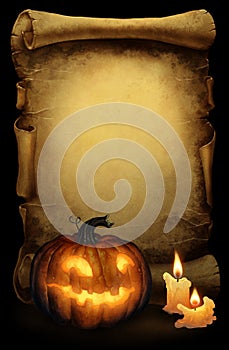 Halloween background with carved pumpkin lamp and candles