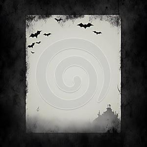 Halloween background with castle and bats. Grunge style.
