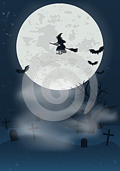Halloween background. Cemetery in night with full moon, flying witch and bats. Halloween background for design banner, poster, cov