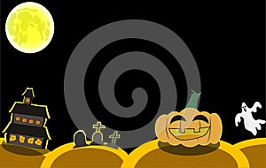 Halloween background in clude moon jack o lantern pumpkins growing cemetery grave yard tombstone and ghost haunted house full moon