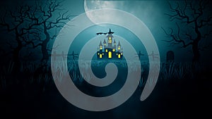 Halloween background with the concept of scary night, moon, shining stars, Flying bats with trees, grasses, graves, haunted castle