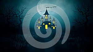 Halloween background with the concept of scary night, moon, shining stars, Flying bats with trees, grasses, graves, haunted castle