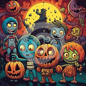 Halloween background with cute monsters. Vector illustration for your design