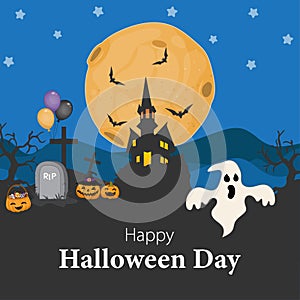 Halloween background with dark castle, spooky pumpkin and ghost vector