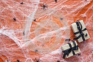 Halloween background with decorative creepy web, spiders and gif