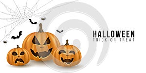 Halloween background design with 3d emotional cartoon pumpkins on white backdrop. Cover for holiday. Trick or treat. Cobweb with