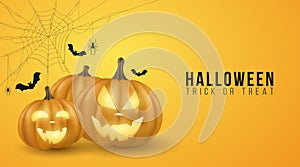 Halloween background design with emotional cartoon 3D pumpkins. Festive modern cover. Trick or treat. Spider web with bats. Vector