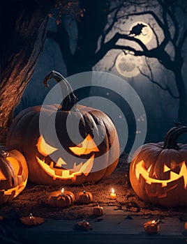 Halloween background with Evil Pumpkin. Spooky scary dark Night Forrest.