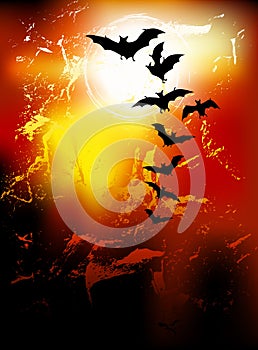 Halloween background - flying bats in full moon