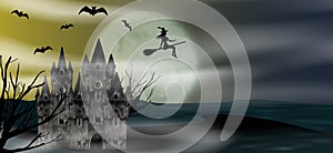 Halloween background with flying young witch, castle, bats and full moon. Vector