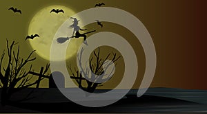 Halloween background with flying young witch to background full moon above the cemetery. Vector