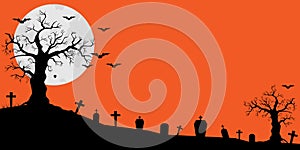 Halloween background. The full moon and bats on a orange background. Night sky.Halloween design. Vector illustration