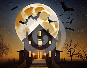 Halloween Background With Full Moon, Creepy House and Flying Bats