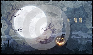 Halloween background with full moon, haunted mansion and pumpkin lamp