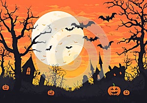 Halloween background with a full moon, pumpkins, and ghosts