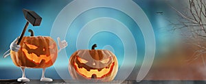 Halloween background funny and evil slain with the hammer. evil intentions Halloween pumpkin 3d-illustration