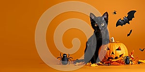 Halloween background with ghost face pumpkin, black cat, cobweb and bat.