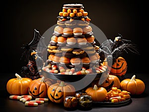 Halloween background with glorious stack of sweets and candy
