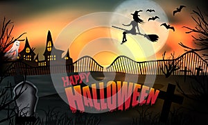 Halloween background glow. Young witch flying on a broomstick on the background of a full moon over the graveyard with tombstones