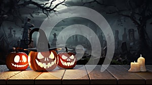Halloween background glowing pumpkins and candles on table against background of a scary cemetery. 3d render