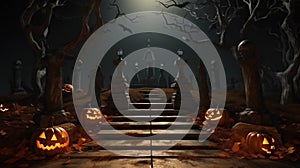 Halloween background with grave, pumpkins and trees. 3d render.