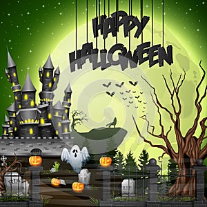 Halloween background with graveyard and castle