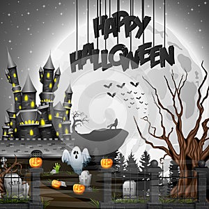 Halloween background with graveyard and castle