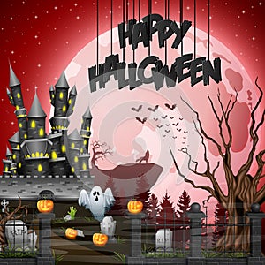 Halloween background with graveyard and castle