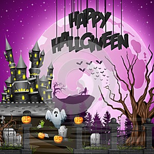 Halloween background with graveyard and castle