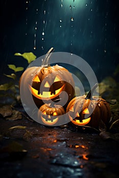 Halloween background or greeting card with spooky pumpkins Jack-o-lantern. Generated AI