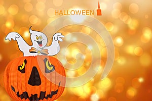 Halloween background. Halloween pumpkin lantern with a ghost on it over abstract gold yellow mystic background with Halloween text