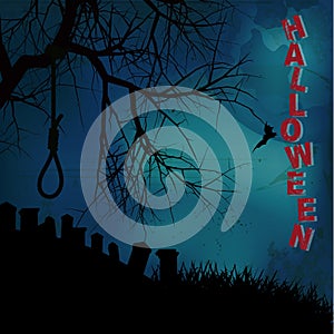 Halloween background with hangman noose text and graveyard