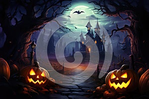 Halloween background with haunted castle, bats, spooky trees and pumpkins