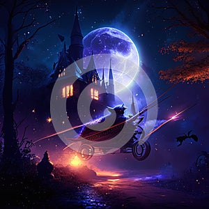 Halloween background with haunted castle and full moon. 3d rendering AI Generated animal ai