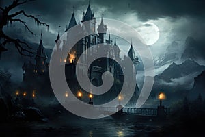 Halloween background with haunted castle and full moon. 3d rendering, An old, haunted gothic castle on a stormy night, AI