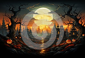 Halloween background with haunted castle and pumpkins.