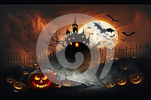 Halloween background with haunted castle and pumpkins. Vector illustration