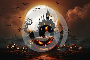 Halloween background with haunted castle and pumpkins. Vector illustration